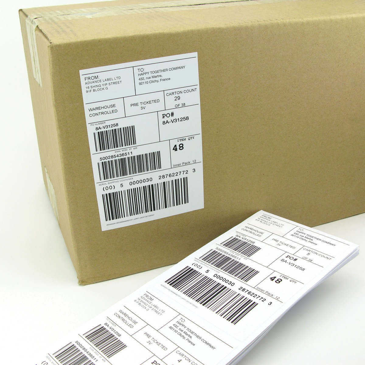 Custom shipping label to apply on carton with different pre-printed information printed. 