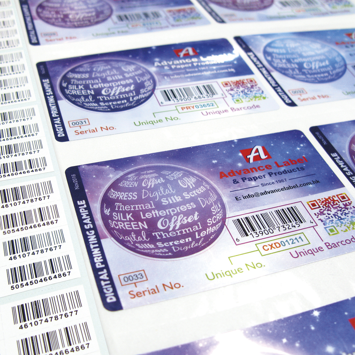 Variable Data of Serial Number, Barcode and QR Code Label Printed by Digital Printer